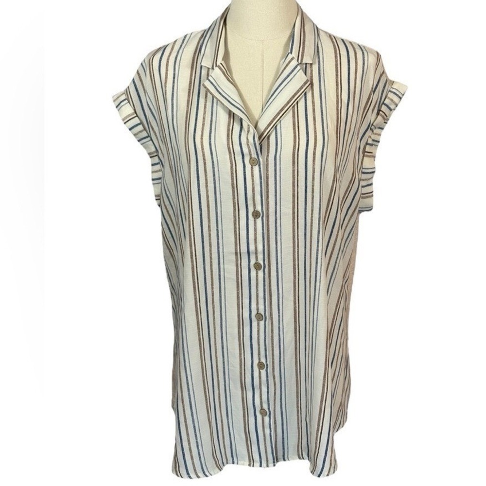 BCX Cream Short Sleeve Button Up Shirt w/ Tan, Blue, & Brown Stripes (Size XL)